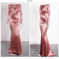 Vestido De Noche Elegante Romagic Con Cuello En V Y Aros En Satén De Manga Larga Estilo Sirena Rosa Para Bodas Y Bailes De Premio Largo Y Lujo - details 8