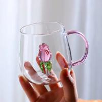 Taza De Café Con Rosas 3D En Vidrio Resistente Al Calor De Borosilicato Rosa Con Mango Alto Taza Para Leche Y Café - details 5