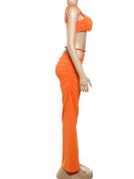 Conjunto De 2 Piezas Ruched Bandage Puss Para Mujer Verano 2025 Traje De Fiesta En Playa Estilo Sexy Con Collar Cuadrado Y Falda Larga Sin Mangas - details 3