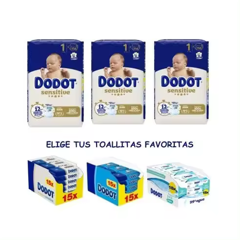 Pack de Pañales Dodot Sensitive Talla 1 - 348 Unidades y Toallitas - 1