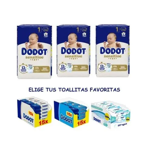 Pack de Pañales Dodot Sensitive Talla 1 - 348 Unidades y Toallitas - 1