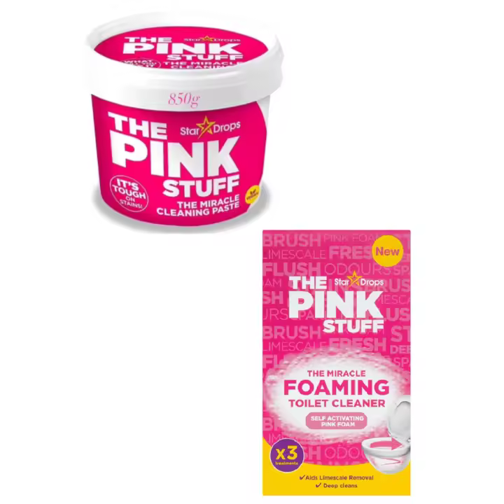 Pack 2 unidades -850g Pasta Limpiadora Pink Stuff 850gr - Ideal para limpiar todo tipo de superficies(1ud)+  3 sobres x 100 gramos Polvo activo limpiador espumoso para inodoros Pink Stuff The Miracle Foaming Toilet Cleaner - 1