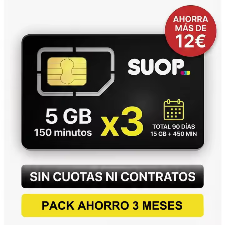 Tarjeta SIM Prepago: Pack Ahorro 3 Meses. Incluye 5 GB y 150 minutos al mes durante 90 días. Total: 15 GB + 450 min. Sin cuotas fijas ni Cuenta bancaria. - 1