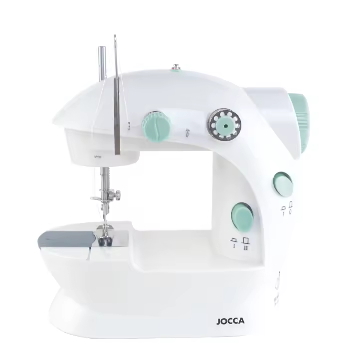 Máquina de coser Jocca con diseño compacto, ligero y portátil, funciona a pilas o conectada a la corriente. Incluye pedal y adaptador. Puede seleccionarlo con o sin kit de costura. - 1