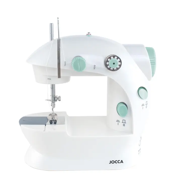 Máquina de coser Jocca con diseño compacto, ligero y portátil, funciona a pilas o conectada a la corriente. Incluye pedal y adaptador. Puede seleccionarlo con o sin kit de costura. - 1