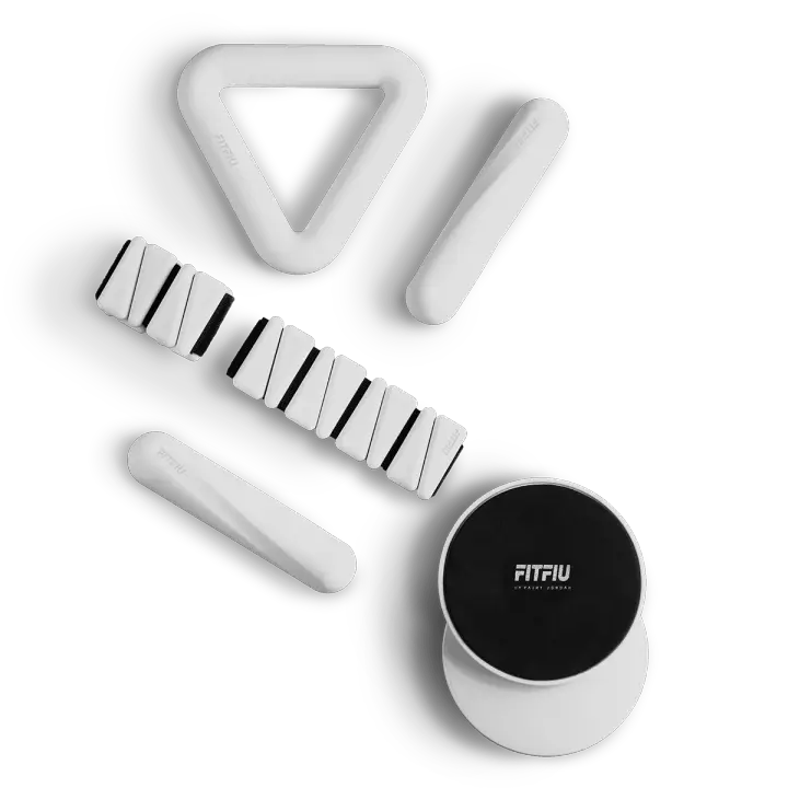 FITFIU Fitness SHAPES KIT - Pack de 4 accesorios deportivos: 1 kettlebell 2 muñequeras 2 mancuernas 2 discos deslizantes 1 cinta elástica de silicona blanca SHAPES COLLECTION - 1