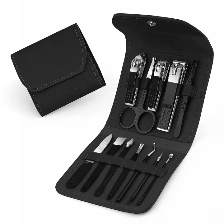 Juego de manicura y pedicura, cortaúñas, kit de manicura y pedicura, kit profesional para uñas 12 en 1 para uñas de los pies y las manos, color negro - 1
