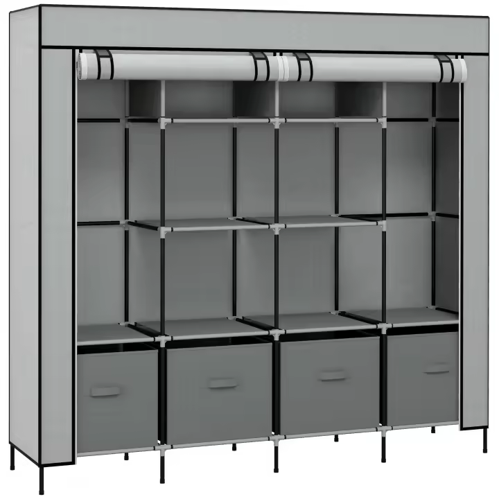 HOMCOM Armario de Tela para Dormitorio Armario Portátil con 10 Compartimentos 2 Rieles Colgantes y 4 Cajones de Tela 166x42,5x169,5 cm Gris Oscuro - 1