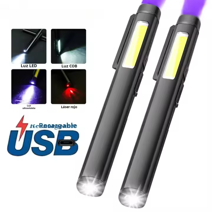 Linterna USB Recargable UV 4 En 1 (UV/LED/COB) Multifuncional Mini Con Fuente De Luz LED 4 Indicadores Y Clip De Bolígrafo - 1