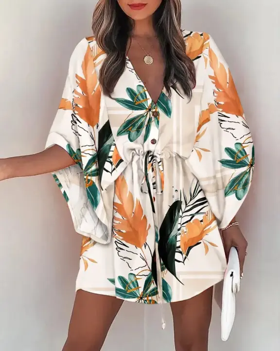 Vestido De Verano Para Mujer Estampado Floral Manga Batwing V-Neck Volantes Corte Irregular Casual Bohemio Talla S M L XL XXL - 1