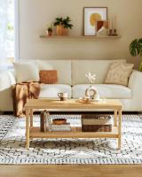 Mesa de centro Boho de 2 niveles con estante ratán, Esquinas redondeadas, Beige roble - details 1