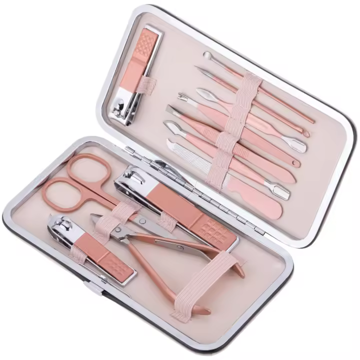 Kit de estuche de manicura y pedicura profesional set de 12 accesorios de acero inoxidable color Oro rosa - PrimeMatik - 1
