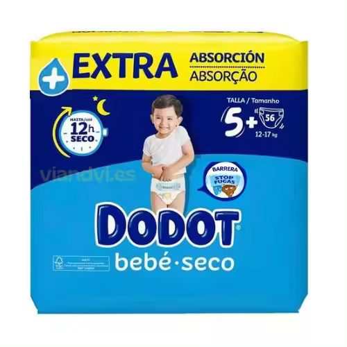 Dodot Bebé Seco Talla 5+ (12-17kg) Extra Absorción Pack 56 Pañales - Protección avanzada para tu bebé - 1