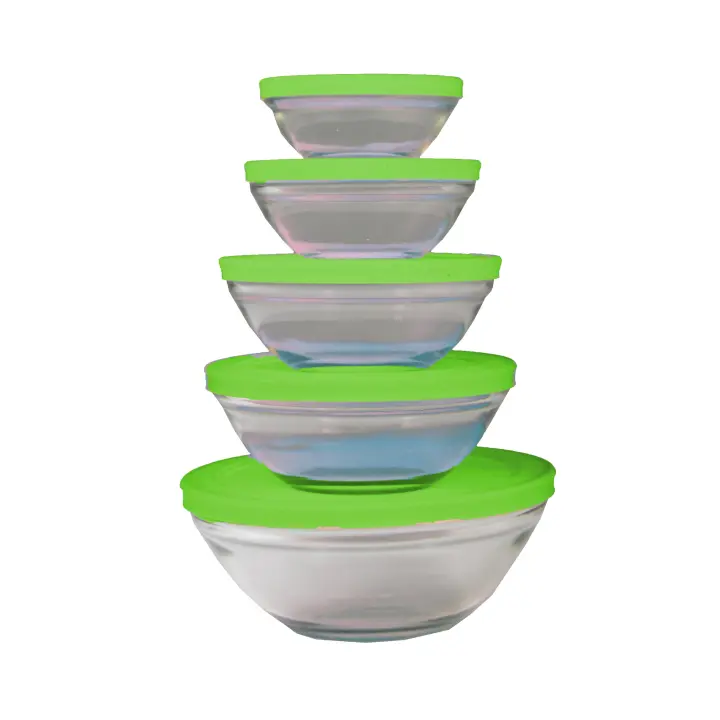 Set Jocca de 5 boles de cristal con tapa antigoteo en varios colores, de distintos tamaños, apilables y aptos para el microondas - 1