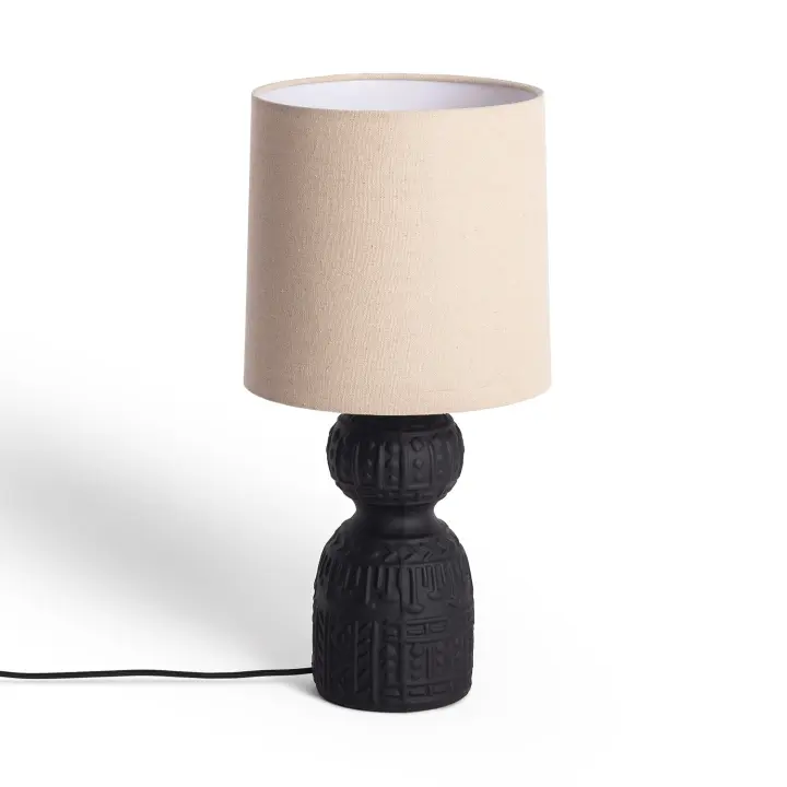 Ledkia Lámpara de Mesa Cerámica Hulun para Decoración étnica con Base Negra y Pantalla Beige - 1