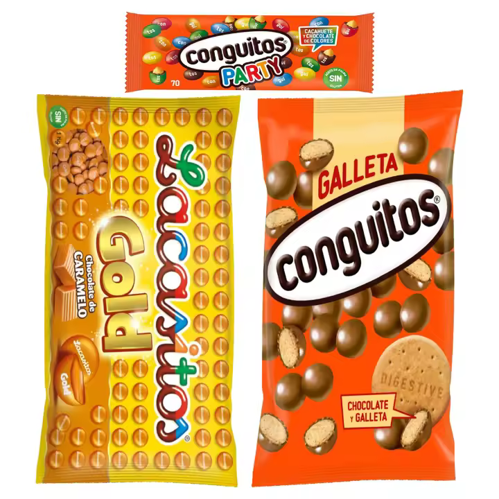 Pack Conguitos party bolsa 70g,Lacasitos gold bolsa 1kg,Conguitos galleta leche bolsa 1kg - 1