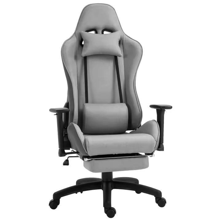 Vinsetto Silla de Oficina, Silla para Ordenador, Silla Giratoria con Cabezal y Cojín Lumbar Desmontables, Función Mecedora, Silla de Escritorio Ergonómica, Giratoria, Regulable en Altura con Reposapiés, PP Gris 73x57x127-135 cm - 1