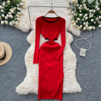 Vestido De Punto Para Mujer REALEFT Otoño Invierno Con Abertura Lateral Y Cuello Redondo Manga Larga Solido Vestido Recto De Oficina - details 19