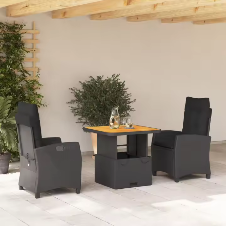 vidaXL Set comedor de jardín 3 pzas con cojines ratán sintético negro - 1