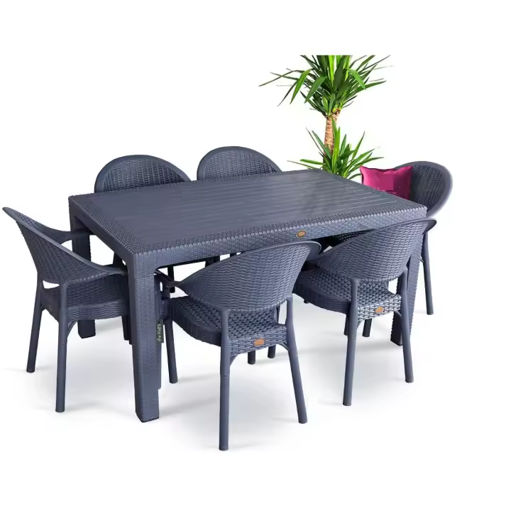Mesa MIJAS, polipropileno gris oscuro - 150 x 90 cms Más seis sillas.Mesa de diseño, imitación a rattán, polipropileno de color gris oscuro, 150 x 90 cms. Otros colores y medidas disponibles. Más seis sillas a juego - 1
