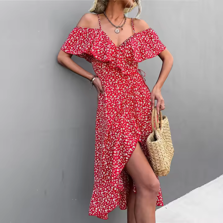 Vestido Maxi Bohemio Vintage Para Mujer Estilo Playa Con Estampado Floral Irregular De Hombro Solo Y Tirantes Medio Calf - 1
