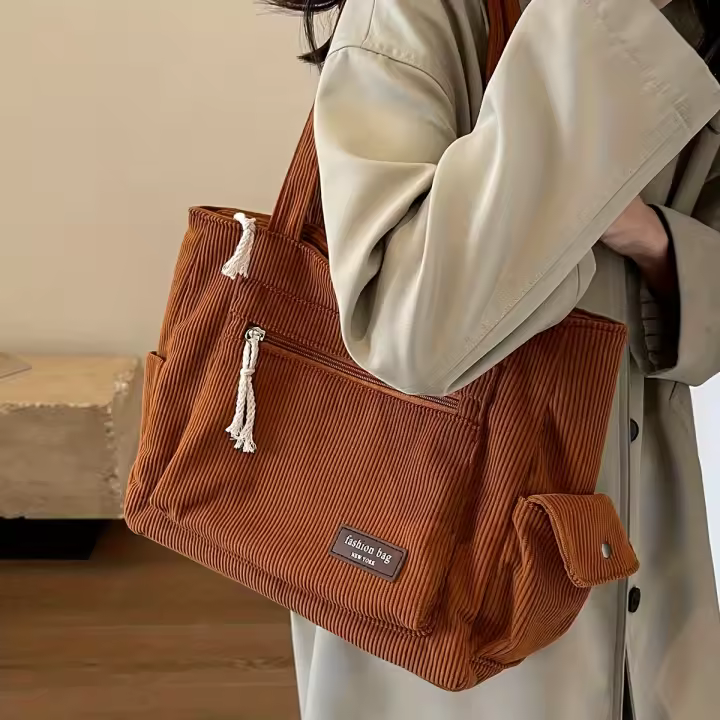 Bolso De Hombro De Corduroy Sencillo Color Sólido Retro Con Múltiples Bolsillos Para Escuela Trabajo Y Compras Unisex - 1