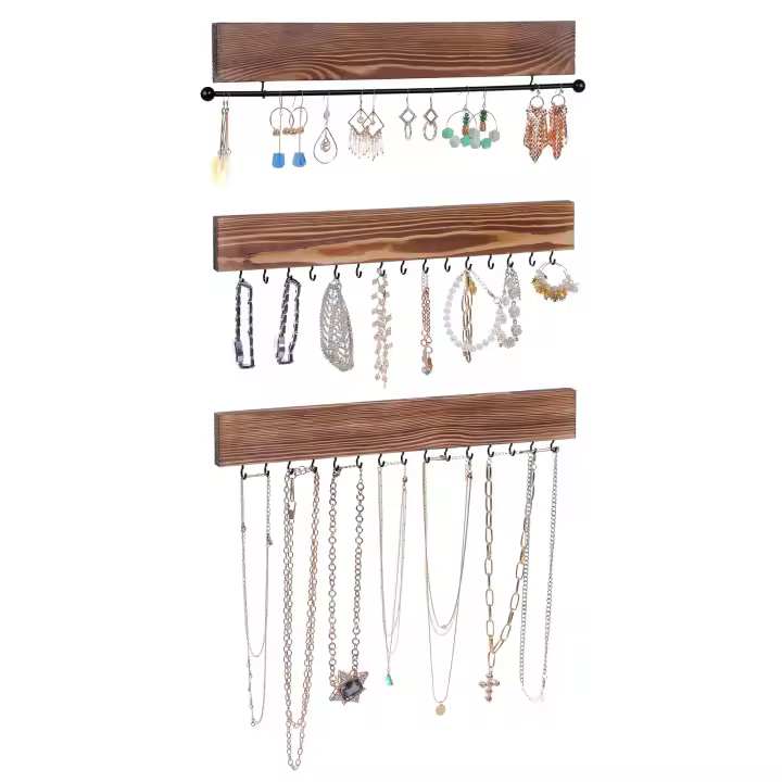 Juego de 3 Estantes de Pared para Joyas en Madera, Exhibición con Barra para Pulseras y 30 Ganchos para Pendientes y Collares - 1