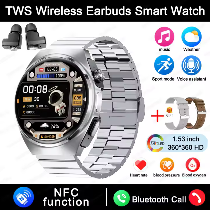 2024 Nuevo reloj inteligente NFC auriculares TWS incorporados para hombres,pantalla de alta definición amoled 360 * 360 de 1,53 pulgadas,llamada bluetooth,asistente de voz ai,rastreador de fitness activo,batería 400mah de larga duración,para iOS y Android - 1