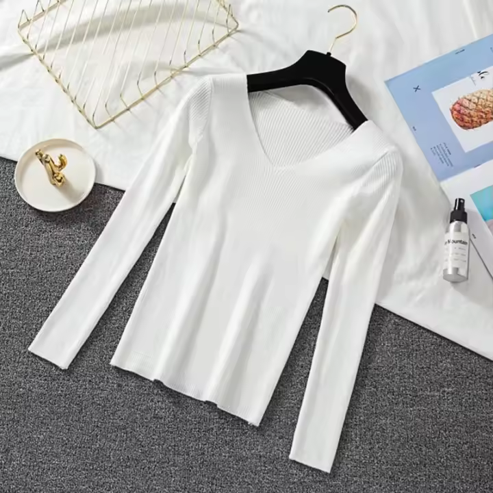 Suéter Zoki Para Mujer De Manga Larga Cuello En V Estilo Básico Casual Otoño Invierno Suave Elástico Solido Ajustado - 1