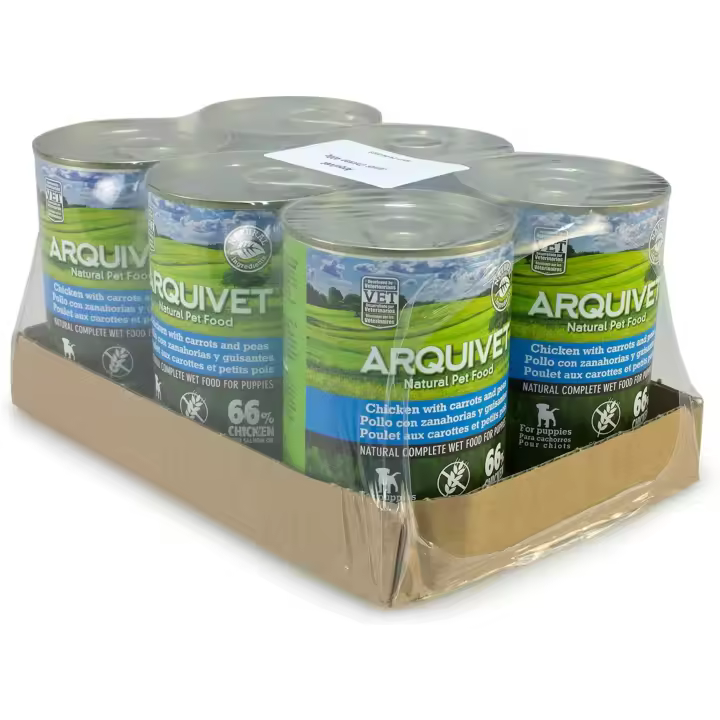 Latas de Pollo con Zanahoria, Guisantes y Aceite de salmón - Pack 6 Unidades x 400 gr - Comida húmeda para Perros Sin Cereales - para Perros jóvenes, Todo Tipo de Razas Cachorros- Arquivet - 1