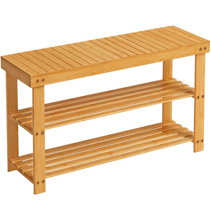 SONGMICS Banco Zapatero, Organizador de Zapatos de Bambú de 3 Niveles, Banco de Pasillo, Soporta hasta 130 kg, 28,7 x 90 x 45,3 cm, para Entrada, Baño, Dormitorio, Natural