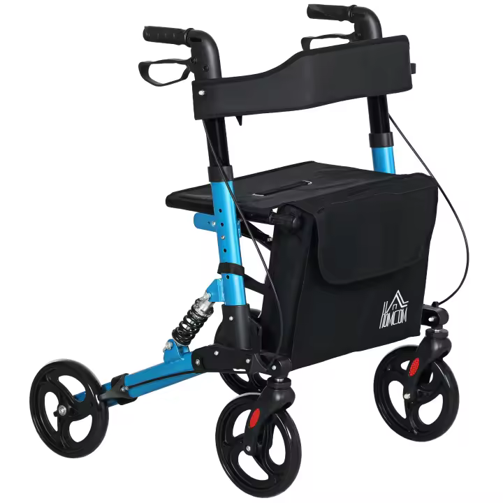 HOMCOM Andador para Ancianos Plegable de Aluminio Andador para Personas Mayores con Asiento y 4 Ruedas Andador con Altura Ajustable Frenos de Maneta y Bolsa de Transporte Azul y Negro - 1