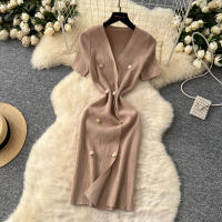 Vestido Tejido REALEFT 2025 Para Mujer Verano Cuello En V Corto Manga Metálico Botones Cintura Alta A-Line Longitud Media - details 9