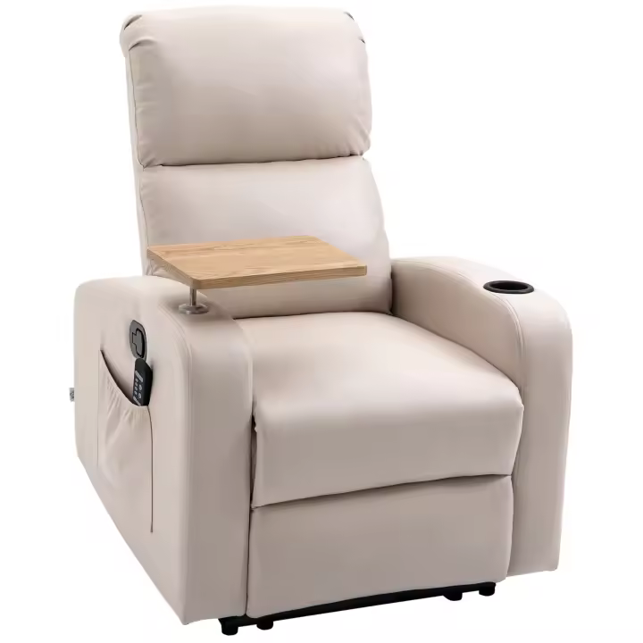 HOMCOM Sillón de Masaje Sillón Relax Eléctrico con 4 Modos de Vibración Reclinación 145° Tapizado en Microfibra Mando a Distancia Mesita 2 Bolsillos Laterales y Posavasos 77x93x105 cm Beige - 1