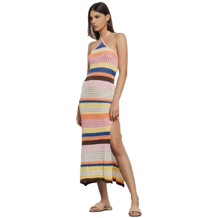 Vestido  GAELLE PARIS de Punto Calado y Escote Halter de Rayas Multicolor - 1