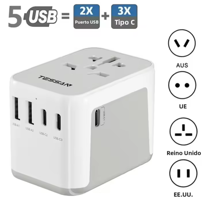 TESSAN Adaptador De Viaje Universal Con USB Y Tipo C Cargador De Pared Todoterreno Para Viaje a EU AUS Adaptador De Enchufe Internacional - 1