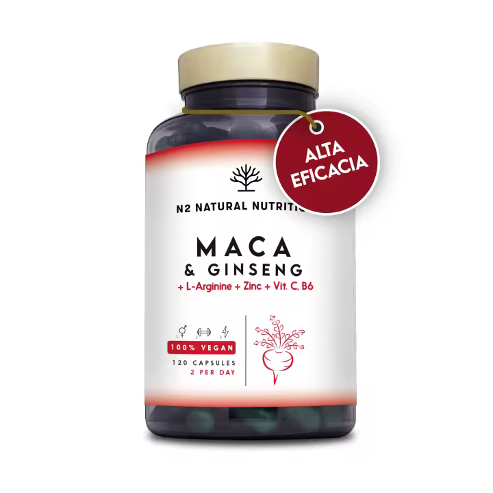 Maca Andina + Gingseng + L Arginina. Triple Energía. Zinc, Vitamina C y B. Rendimiento deportivo. Reduce Cansancio y Fatiga. Antioxidante. 120 cápsulas. CE. Vegano. N2 Natural Nutrition - 1