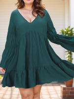 Blusa Vestido De Mujer Con Manga Flounce Ruffle V-Neck Color Sólido Casual Suave Polyester Verano 2025 Nuevo A-Line - details 1