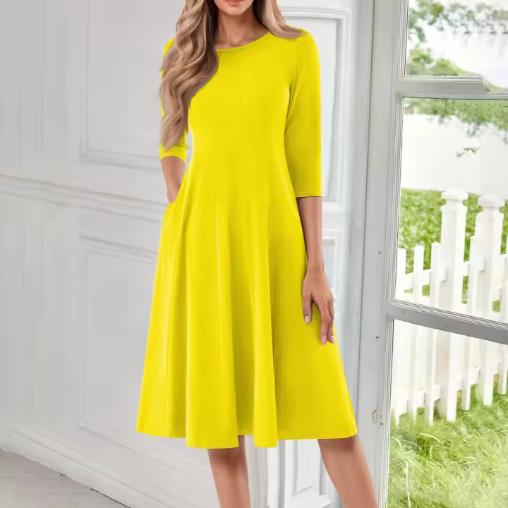 Vestido Largo De Manga Larga Para Mujer Casual Suéter Con Bolsillos Estilo Swing Suelto Cuello Redondo Color Sólido Vestido Robe - 1