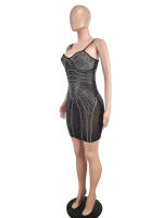 Vestido Ultra Corto De Malla Transparente Para Mujeres Con Diamantes Y Suspensión Moda De Oficina De Corte Ajustado Para Otoño - details 5
