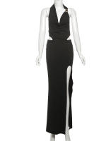 Vestido Elegante De Mujer Sin Cintura Con Collar Swing Y Abertura Alta En Espalda Con Hebilla De Metal Estrella De Cinco Puntos Vestidos De Baile - details 2