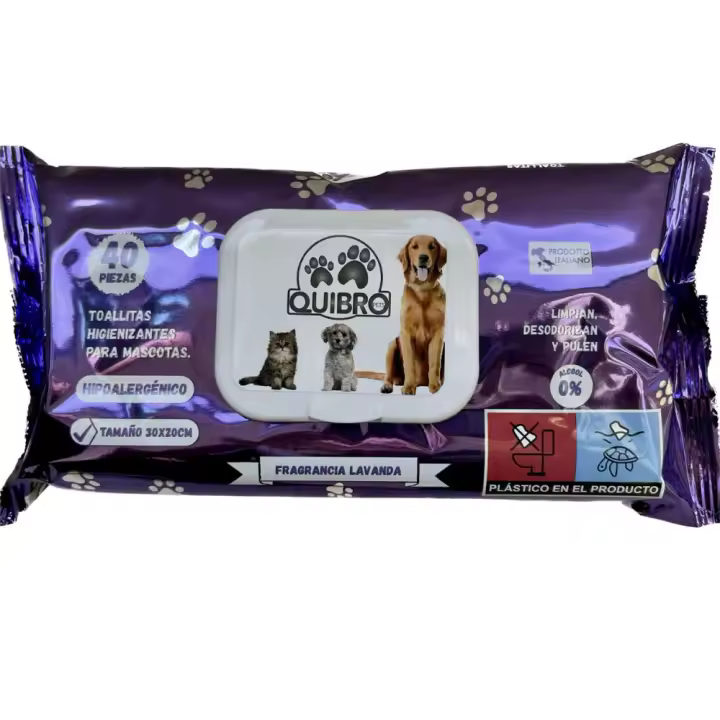 Quibropets Toallitas Higienizantes Lavanda para Perros y Gatos. Cuidado de la Piel de Mascotas. 40 Unidades - 1