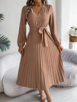 Vestido Elegante De Mujer Con Botones Y Cuello En V Manga Larga Plegado Con Cierre De Lazo Estilo Casual A-Line Para Primavera/Otoño - details 6