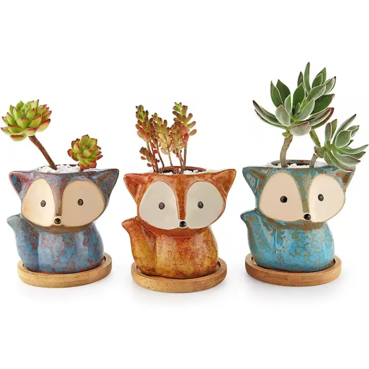 Fox macetas, macetas de cerámica conjunto de 3, jardín hogar Oficina escritorio decoración con transmutación esmalte, cumpleaños - 1