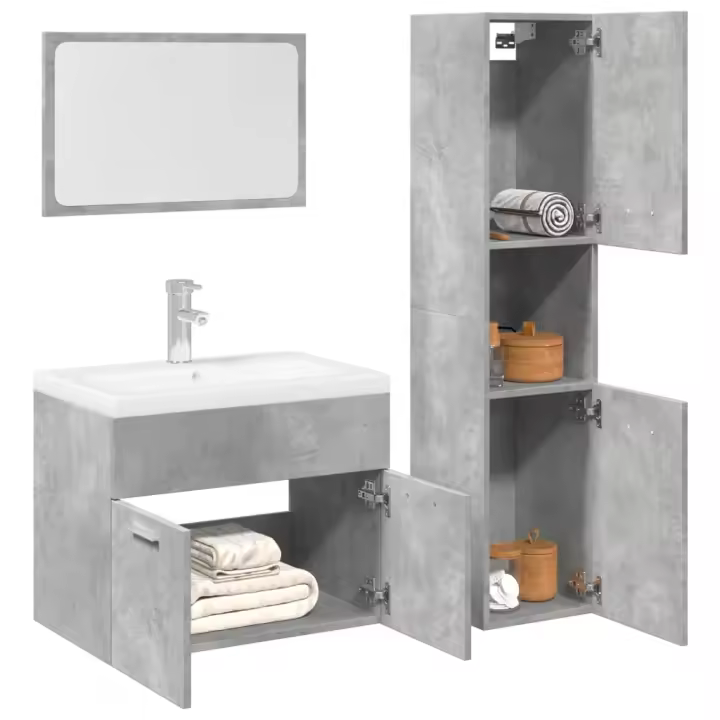 vidaXL Juego de muebles de baño madera de ingeniería en color Blanco/Roble Sonoma/Gris hormigón y más | almacenamiento funcional diseño moderno para baño dormitorio sala - 1