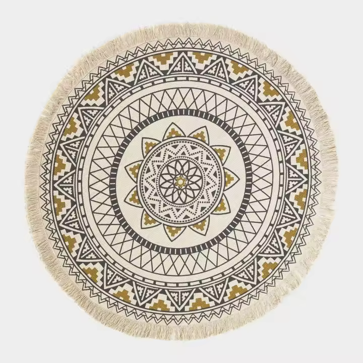 Alfombra Mandala Redonda Negra y Amarilla 100% Algodón, Alfombra Étnica con Motivos Geométricos - 1