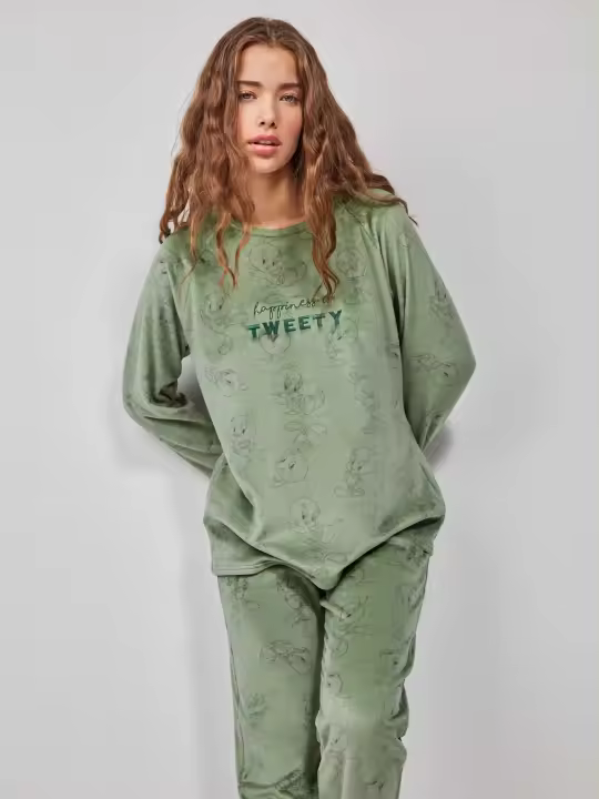 Gisela - Pijama de Tweety en micropolar elástico, ajuste perfecto y máximo confort - 1