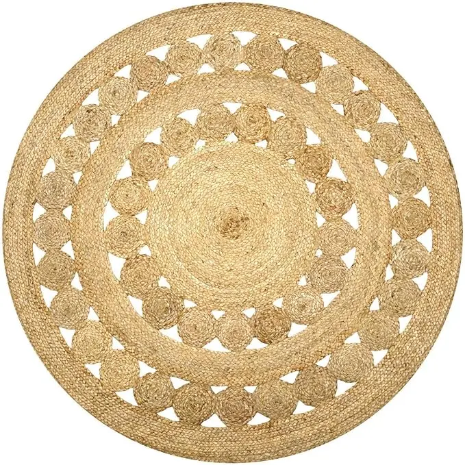 Alfombra Redonda Anillas Tejida a Mano Vintage Beige - Hilo Natural - Reversible - Ecológica - 1
