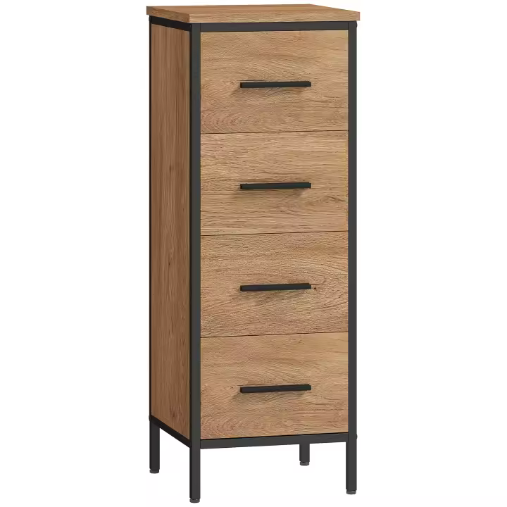 HOMCOM Armario de Baño Mueble de Baño Estrecho Cajonera con 4 Cajones y Estructura de Acero 30x30x82 cm Roble - 1