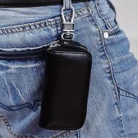Caso clave de cuero doble cremallera coche clave caso llavero cartera hombres y mujeres (negro) - details 0
